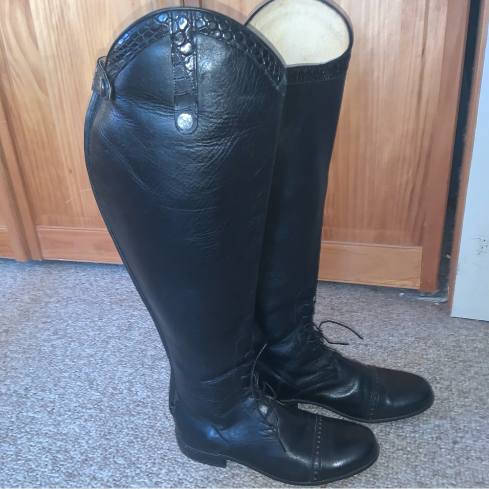 DER DAU CONTOUR Custom 17.5” plus calf Black Riding Boots Zipper 7.5 GATOR TRIM!